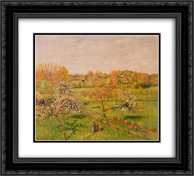 Morning, Flowering Apple Trees, Eragny 22x20 Black Ornate Wood Framed Art Print Poster with Double Matting by Pissarro, Camille