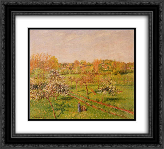 Morning, Flowering Apple Trees, Eragny 22x20 Black Ornate Wood Framed Art Print Poster with Double Matting by Pissarro, Camille