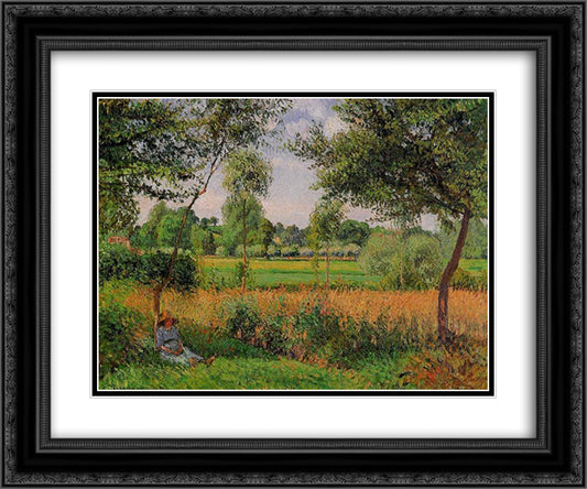 Morning, Sun Effect, Eragny 24x20 Black Ornate Wood Framed Art Print Poster with Double Matting by Pissarro, Camille