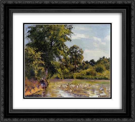 Old Woman with Ducks at Montfoucault 22x20 Black Ornate Wood Framed Art Print Poster with Double Matting by Pissarro, Camille