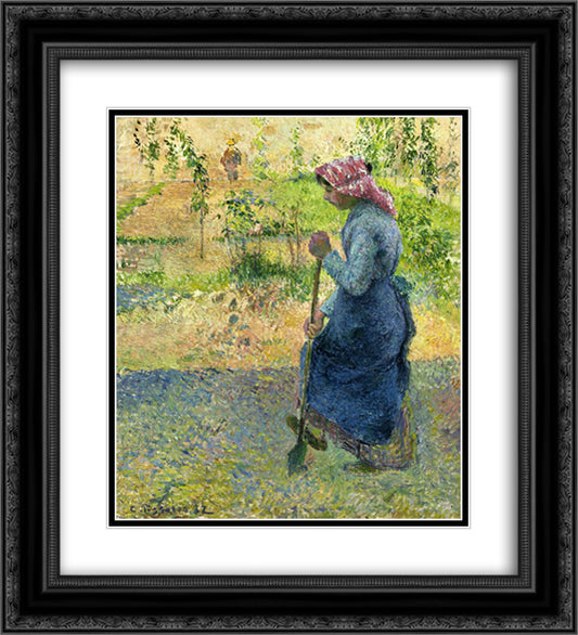 Paysanne Couchant 20x22 Black Ornate Wood Framed Art Print Poster with Double Matting by Pissarro, Camille