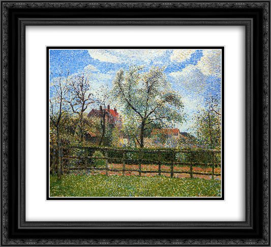 Pear Trees and Flowers at Eragny, Morning 22x20 Black Ornate Wood Framed Art Print Poster with Double Matting by Pissarro, Camille