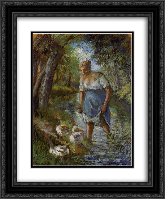 Peasant Crossing a Stream 20x24 Black Ornate Wood Framed Art Print Poster with Double Matting by Pissarro, Camille