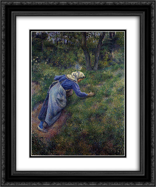 Peasant Gathering Grass 20x24 Black Ornate Wood Framed Art Print Poster with Double Matting by Pissarro, Camille