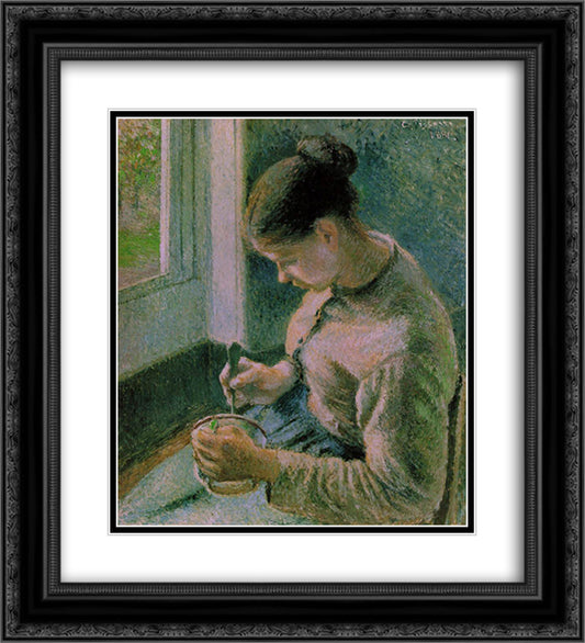 Peasant girl drinking her coffee 20x22 Black Ornate Wood Framed Art Print Poster with Double Matting by Pissarro, Camille