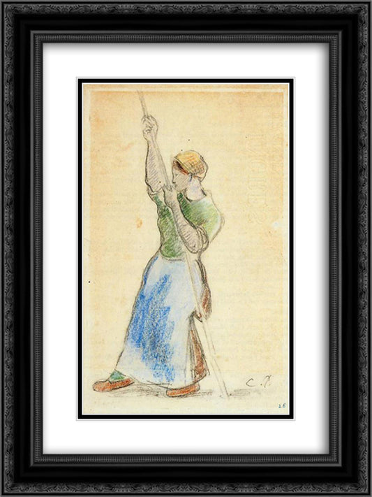 Peasant Planting Pea Sticks 18x24 Black Ornate Wood Framed Art Print Poster with Double Matting by Pissarro, Camille