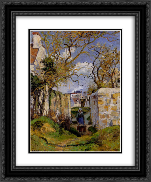 Peasant Pushing a Wheelbarrow, Maison Rondest, Pontoise 20x24 Black Ornate Wood Framed Art Print Poster with Double Matting by Pissarro, Camille