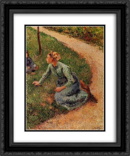 Peasant Trimming the Lawn 20x24 Black Ornate Wood Framed Art Print Poster with Double Matting by Pissarro, Camille