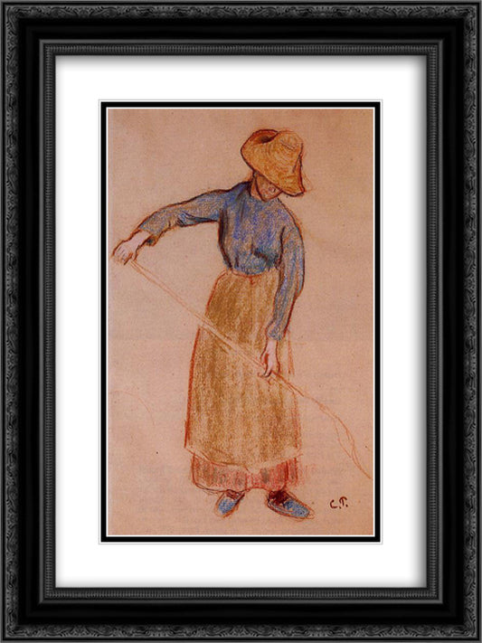 Peasant with a Pitchfork 18x24 Black Ornate Wood Framed Art Print Poster with Double Matting by Pissarro, Camille