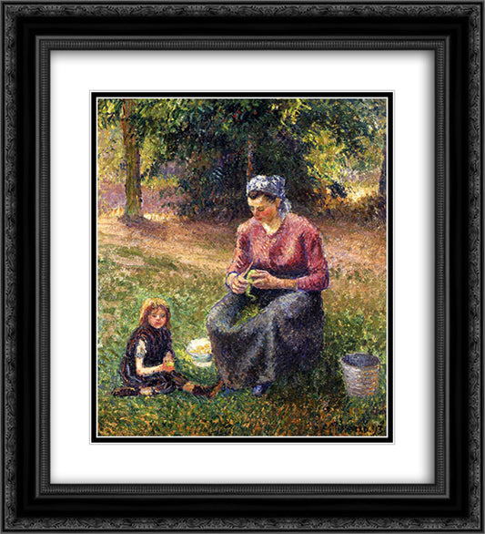 Peasant Woman and Child, Eragny 20x22 Black Ornate Wood Framed Art Print Poster with Double Matting by Pissarro, Camille