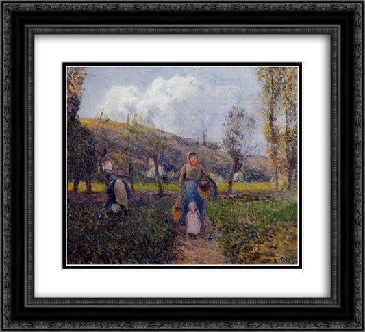 Peasant Woman and Child Harvesting the Fields, Pontoise 22x20 Black Ornate Wood Framed Art Print Poster with Double Matting by Pissarro, Camille