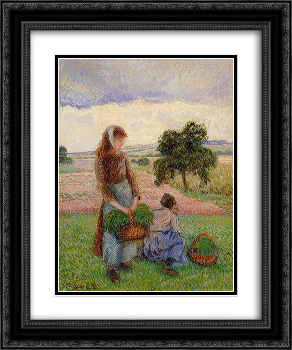 Peasant Woman Carrying a Basket 20x24 Black Ornate Wood Framed Art Print Poster with Double Matting by Pissarro, Camille