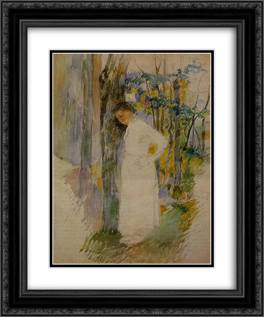 Peasant Woman Standing next to a Tree 20x24 Black Ornate Wood Framed Art Print Poster with Double Matting by Pissarro, Camille