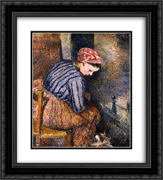 Peasant Woman Warming Herself 20x22 Black Ornate Wood Framed Art Print Poster with Double Matting by Pissarro, Camille