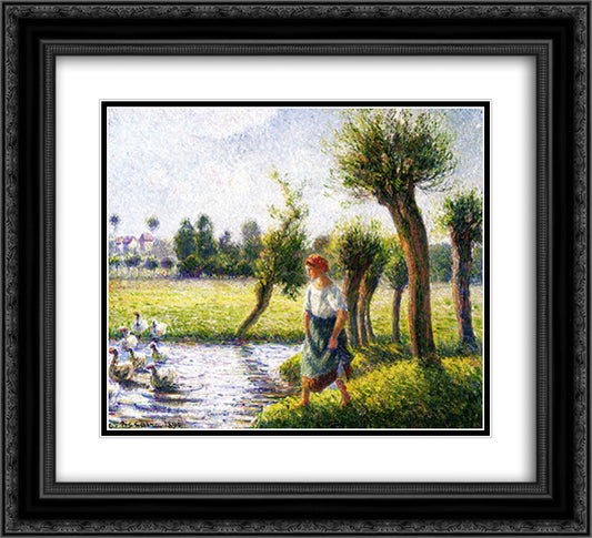 Peasant Woman Watching the Geese 22x20 Black Ornate Wood Framed Art Print Poster with Double Matting by Pissarro, Camille
