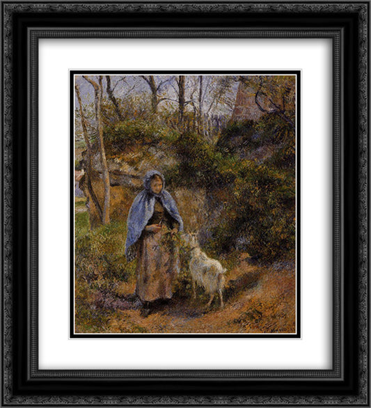Peasant Woman with a Goat 20x22 Black Ornate Wood Framed Art Print Poster with Double Matting by Pissarro, Camille