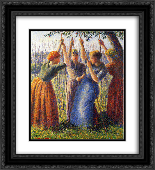Peasant Women Planting Stakes 20x22 Black Ornate Wood Framed Art Print Poster with Double Matting by Pissarro, Camille