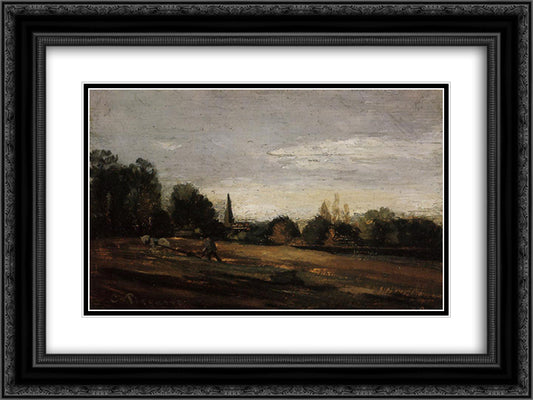 Peasant Working in the Fields 24x18 Black Ornate Wood Framed Art Print Poster with Double Matting by Pissarro, Camille
