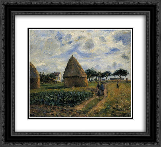 Peasants and Hay Stacks 22x20 Black Ornate Wood Framed Art Print Poster with Double Matting by Pissarro, Camille