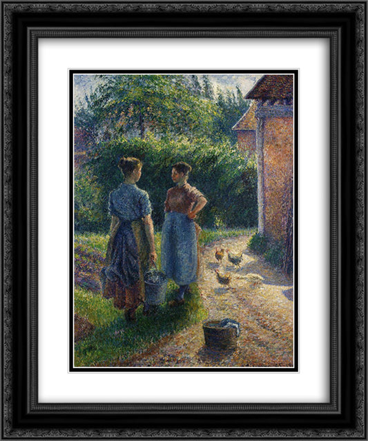 Peasants Chatting in the Farmyard, Eragny 20x24 Black Ornate Wood Framed Art Print Poster with Double Matting by Pissarro, Camille