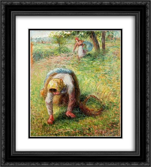 Peasants Gathering Grass 20x22 Black Ornate Wood Framed Art Print Poster with Double Matting by Pissarro, Camille