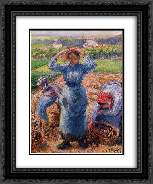 Peasants Harvesting Potatoes 20x24 Black Ornate Wood Framed Art Print Poster with Double Matting by Pissarro, Camille