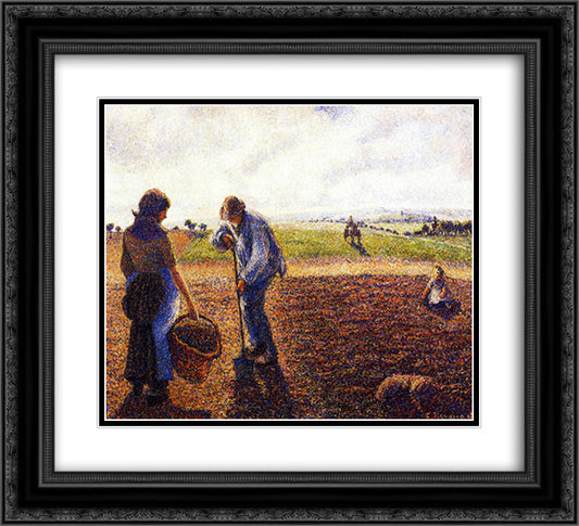 Peasants in the Field, Eragny 22x20 Black Ornate Wood Framed Art Print Poster with Double Matting by Pissarro, Camille