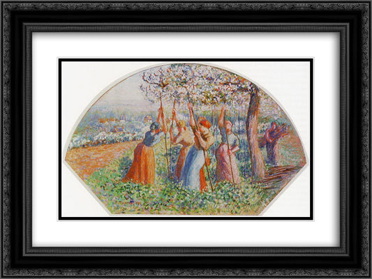 Peasants Planting Pea Sticks (also known as Peasants planting in the field) 24x18 Black Ornate Wood Framed Art Print Poster with Double Matting by Pissarro, Camille