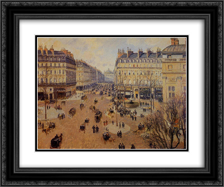 Place du Theatre Francais, Afternoon Sun in Winter 24x20 Black Ornate Wood Framed Art Print Poster with Double Matting by Pissarro, Camille
