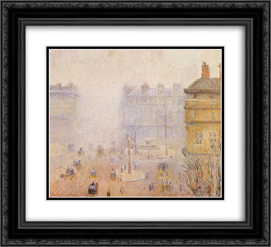 Place du Theatre Francais, Foggy Weather 22x20 Black Ornate Wood Framed Art Print Poster with Double Matting by Pissarro, Camille