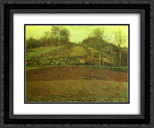 Ploughland 24x20 Black Ornate Wood Framed Art Print Poster with Double Matting by Pissarro, Camille