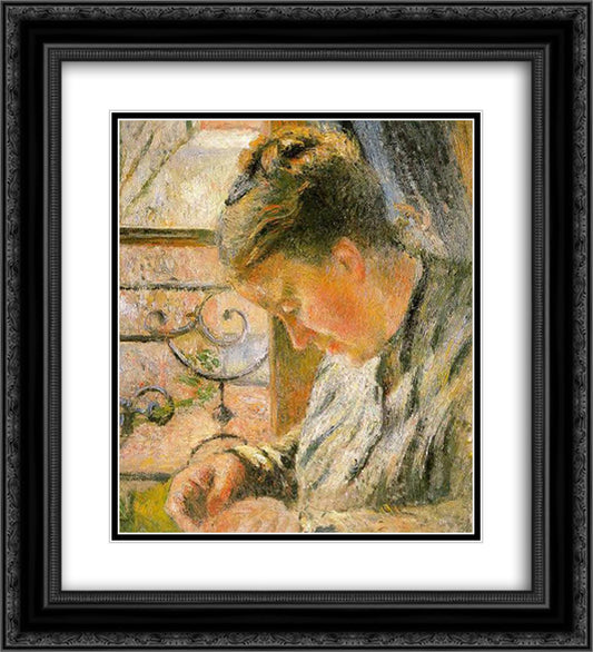 Portrait of Madame Pissarro Sewing near a Window 20x22 Black Ornate Wood Framed Art Print Poster with Double Matting by Pissarro, Camille