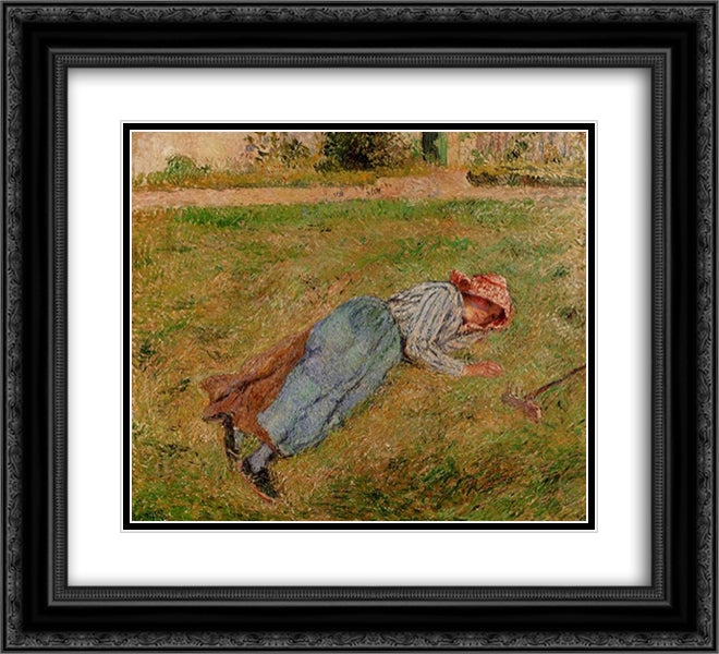 Resting, Peasant Girl Lying on the Grass, Pontoise 22x20 Black Ornate Wood Framed Art Print Poster with Double Matting by Pissarro, Camille