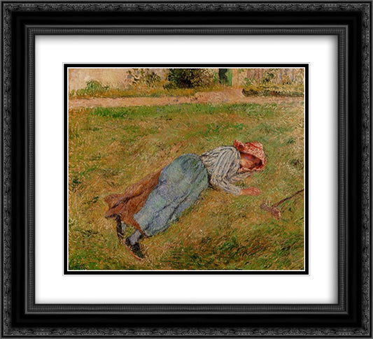 Resting, Peasant Girl Lying on the Grass, Pontoise 22x20 Black Ornate Wood Framed Art Print Poster with Double Matting by Pissarro, Camille