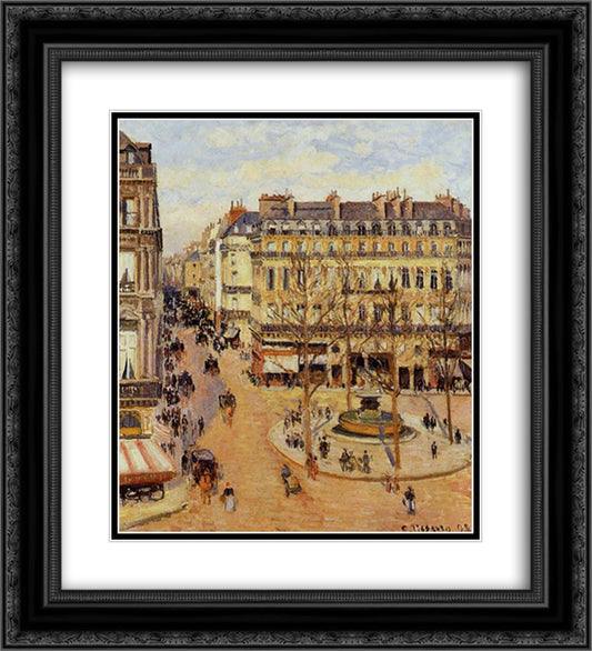 Rue Saint Honore Morning Sun Effect, Place du Theatre Francais 20x22 Black Ornate Wood Framed Art Print Poster with Double Matting by Pissarro, Camille