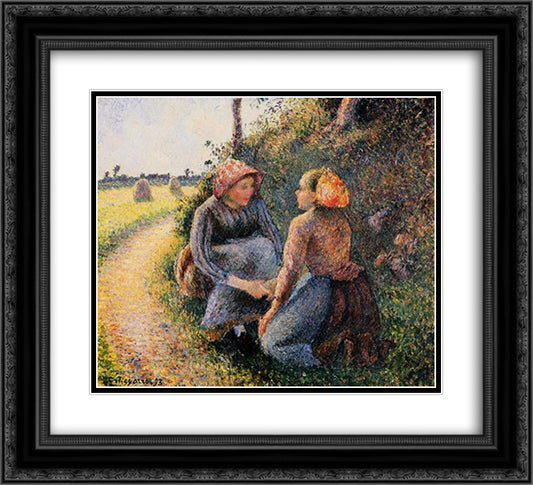 Seated and Kneeling Peasants 22x20 Black Ornate Wood Framed Art Print Poster with Double Matting by Pissarro, Camille