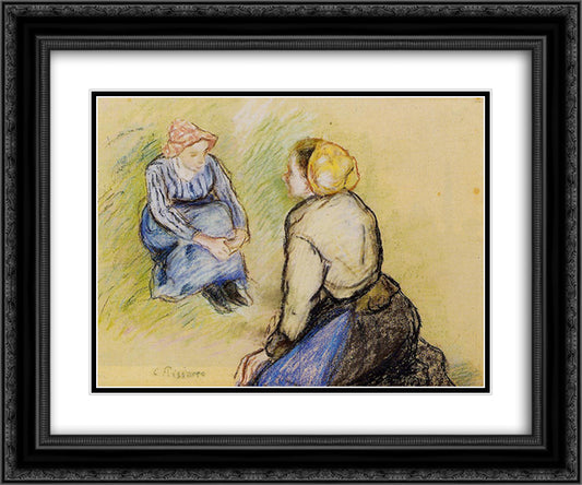 Seated Peasant and Knitting Peasant 24x20 Black Ornate Wood Framed Art Print Poster with Double Matting by Pissarro, Camille