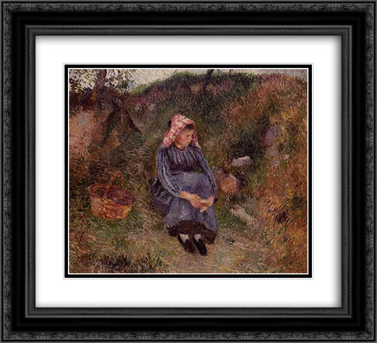Seated Peasant Girl 22x20 Black Ornate Wood Framed Art Print Poster with Double Matting by Pissarro, Camille