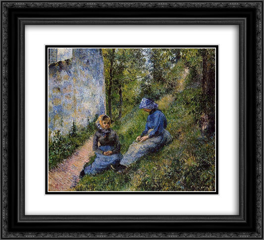 Seated Peasants, Sewing 22x20 Black Ornate Wood Framed Art Print Poster with Double Matting by Pissarro, Camille