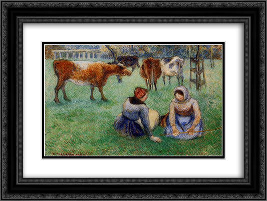 Seated Peasants Watching Cows 24x18 Black Ornate Wood Framed Art Print Poster with Double Matting by Pissarro, Camille
