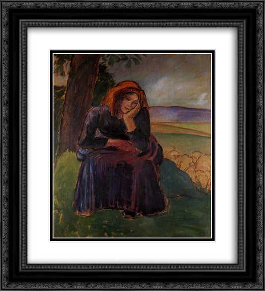 Seated Shepherdess 20x22 Black Ornate Wood Framed Art Print Poster with Double Matting by Pissarro, Camille