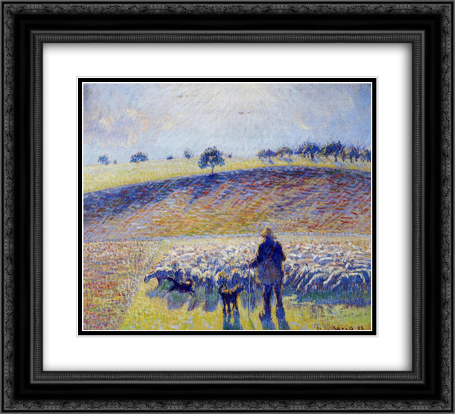 Shepherd and Sheep 22x20 Black Ornate Wood Framed Art Print Poster with Double Matting by Pissarro, Camille