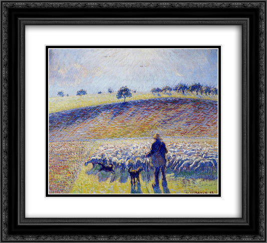 Shepherd and Sheep 22x20 Black Ornate Wood Framed Art Print Poster with Double Matting by Pissarro, Camille