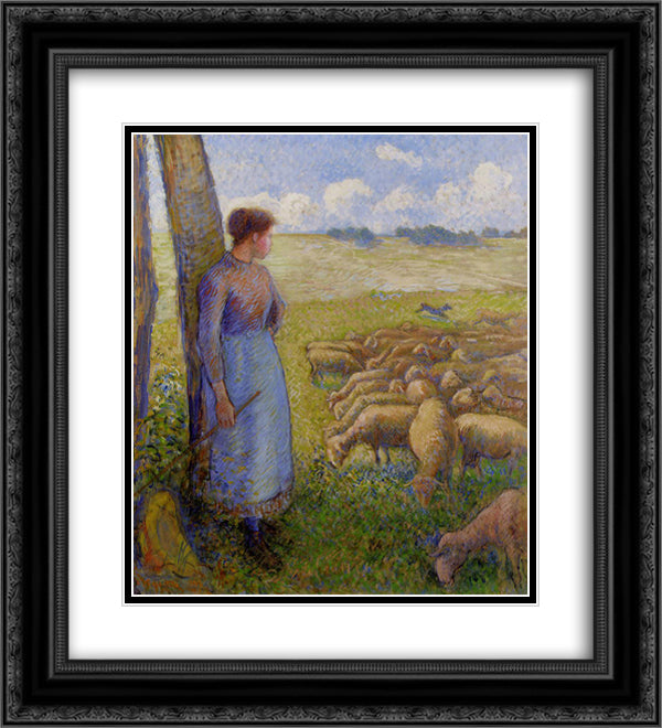 Shepherdess and Sheep 20x22 Black Ornate Wood Framed Art Print Poster with Double Matting by Pissarro, Camille