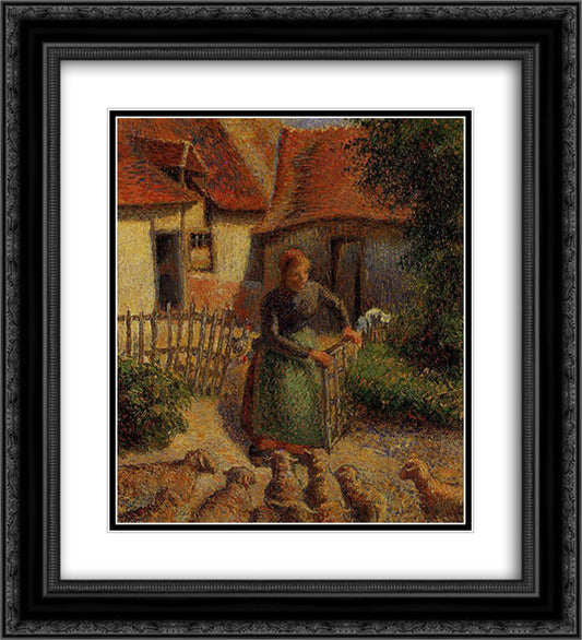 Shepherdess Bringing in Sheep 20x22 Black Ornate Wood Framed Art Print Poster with Double Matting by Pissarro, Camille