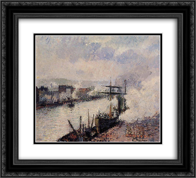 Steamboats in the Port of Rouen 22x20 Black Ornate Wood Framed Art Print Poster with Double Matting by Pissarro, Camille