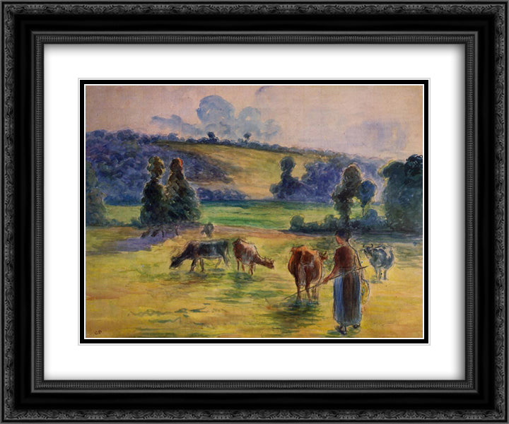 Study for 'Cowherd at Eragny' 24x20 Black Ornate Wood Framed Art Print Poster with Double Matting by Pissarro, Camille