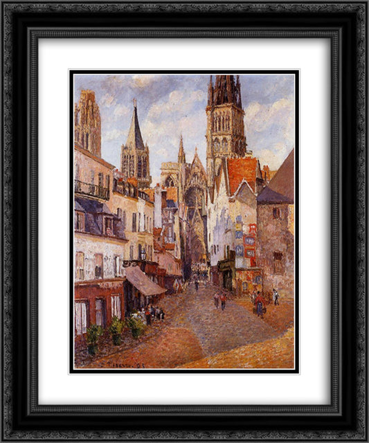 Sunlight, Afternoon, La Rue de l'Epicerie, Rouen 20x24 Black Ornate Wood Framed Art Print Poster with Double Matting by Pissarro, Camille