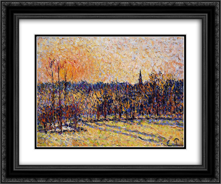 Sunset, Bazincourt Steeple 24x20 Black Ornate Wood Framed Art Print Poster with Double Matting by Pissarro, Camille