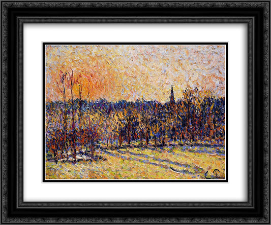 Sunset, Bazincourt Steeple 24x20 Black Ornate Wood Framed Art Print Poster with Double Matting by Pissarro, Camille